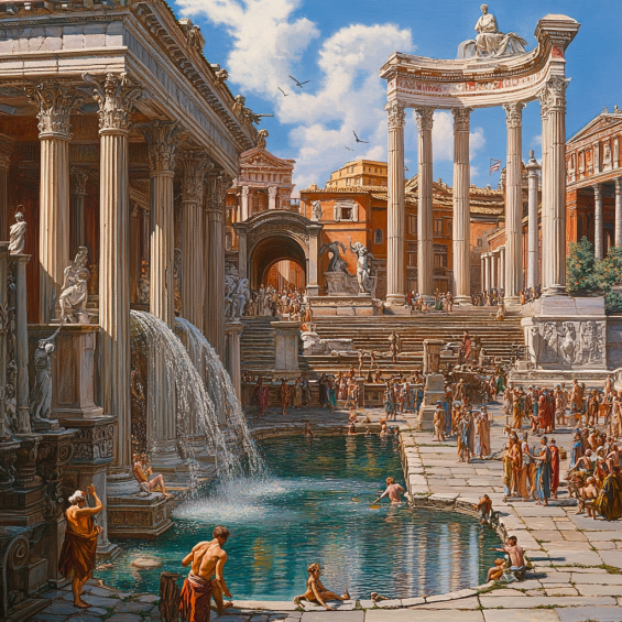 Scène de Romain de l'antiquité se baignant dans une fontaine romaine
