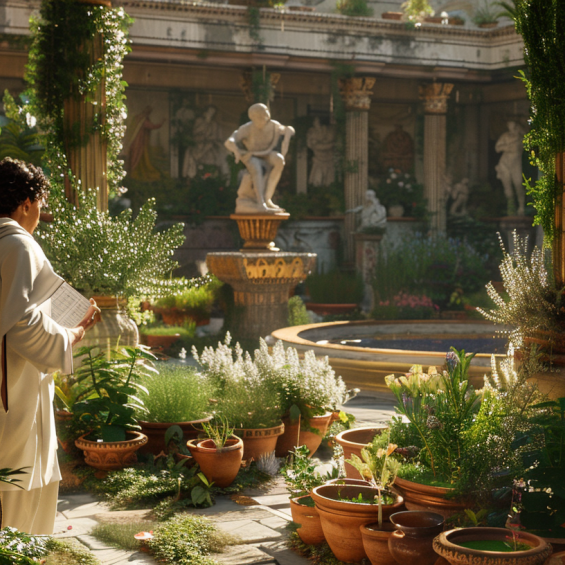 Romain avec une tunique dans son jardin de plante aromatique et médicinale de l'antiquité romaine